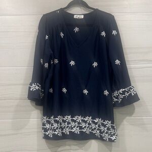 Navy Blue Blouse with White Embroidery